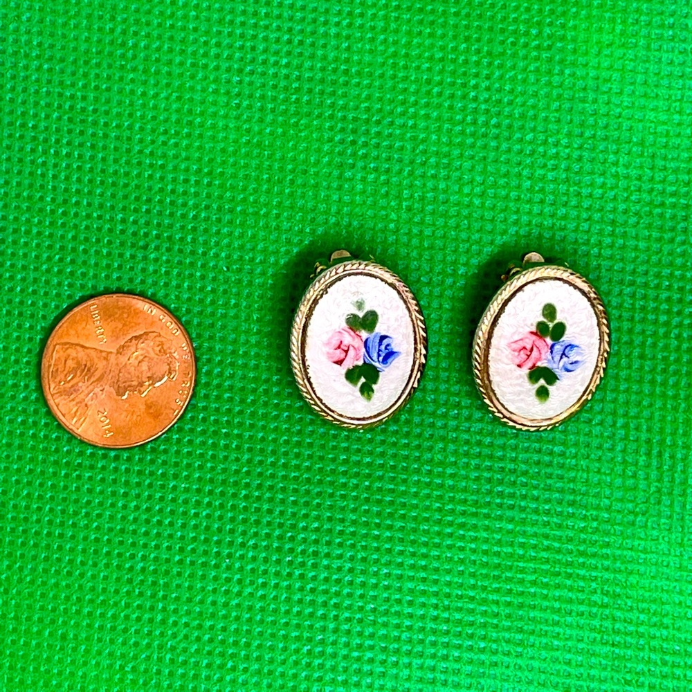 Vintage Floral Enamel Clip On Earrings